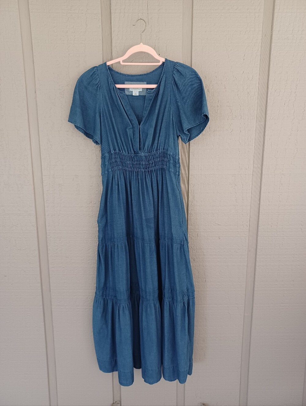 Anthropologie Maeve Chambray Maxi Dress Size XSP Cotton Tiered Pocket Preppy